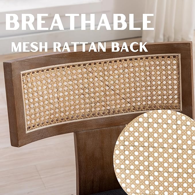 Rattan Dining Chairs Set of 4, Modern Fabric Upholstered Kitchen Chairs, Wooden Dining Room Chair Farmhouse Dinner Chair, Charcoal