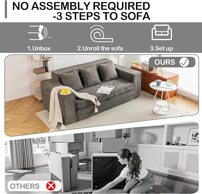 HOMREST Convertible Memory Foam 3-seat Sofa & Loveseat, Pull Out Sleeper Sofa Bed, 2 in 1 Folding Couch Bed, Fold Out Floor Couch Corduroy Fabric with Pillows for Living Room Bedroom Lounge(Grey)