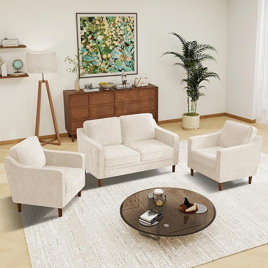 Kingfun Living Room Furniture Sets, 2 Armchair and Loveseat, Mid Century Modern Sofa Set, Chenille Couch with Solid Wood Frame for Living Room & Bedroom, Beige