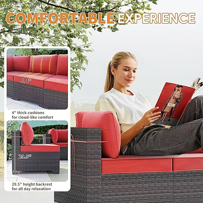 Gotland 12 Pieces Patio Furniture Set with Swivel Chair, PE Rattan Outdoor Furniture with 29.5'' High Backrest 4’’ Thick Cushions Coffee Table, Patio Set for Porch, Deck, Backyard, Red