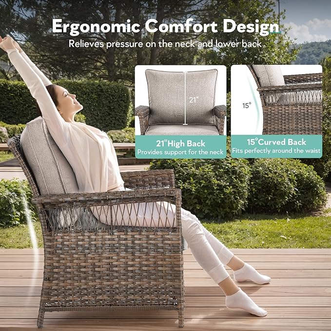 6 Pieces Wicker Patio Furniture Set - Hollow Widen Armrests 3 Seat Outdoor Sofa & Comfy Chairs with Side Table & Ottomans, Small Patio Convention Set for Deck and Backyard - Brown/Beige