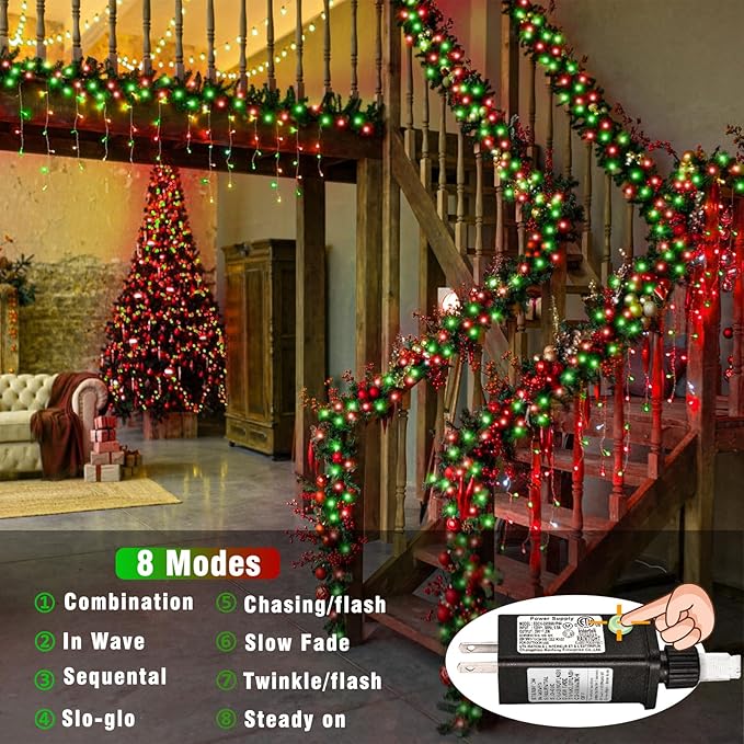 Vivideal 200 LED Red and Green Christmas Lights - 66ft String Lights Indoor Clear Wire 8 Modes Plug in Waterproof Fairy Light with Timer Memory for Indoor Outside Bedroom Home Party Decorations