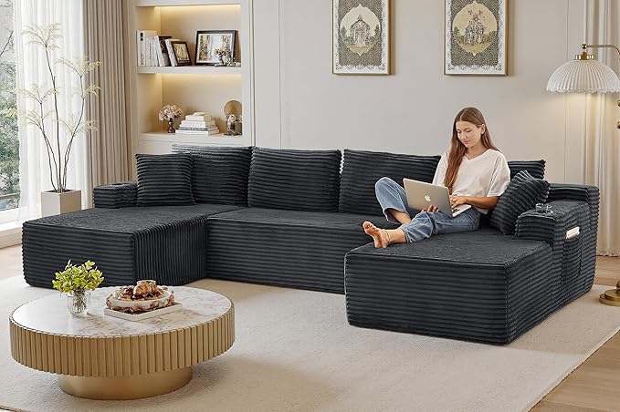 133" Couches for Living Room Deep-Seat Sectional Couch for Living Room Corduroy Boneless Couchs U-Shape Cloud Couch Flexible Modular Sectional Sofa with Chaise Lounge (Dark Gray, with Cup Holder)