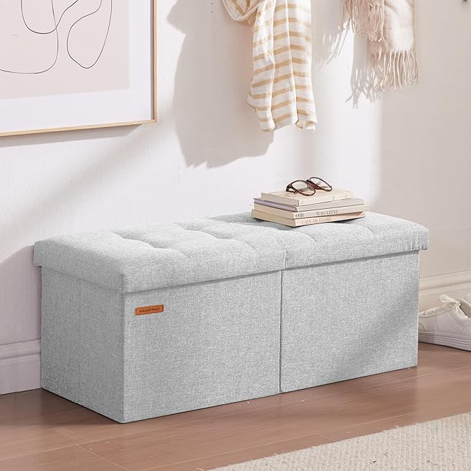 HAUSFRAU 31.5 Inches Ottoman with Storage Bench, Folding Ottoman Bench Small Foot Rest Stool, Bedroom Bench with Flipping Lid, Linen Silver