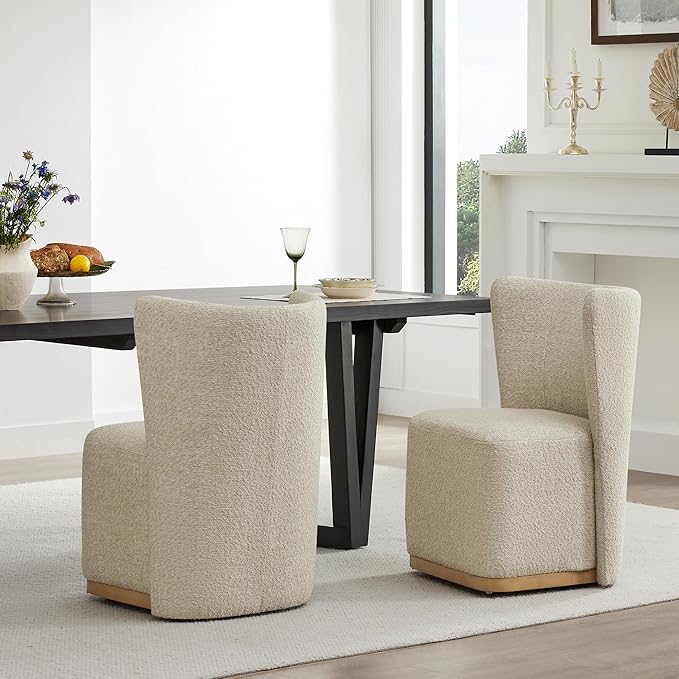 CHITA Upholstered Rolling Dining Chair on Casters Set of 2, FSC Certified Modern Fabric Dining Chair with Casters, Boucle Dining Chairs for Reading Room Waiting Room Kitchen Dining Room, Oatmeal