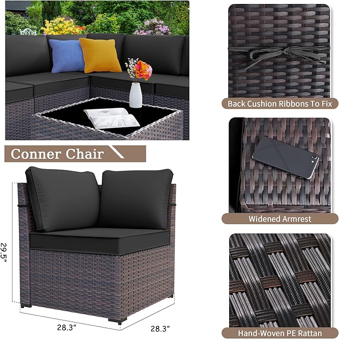 Kurapika 6 Pieces Patio Furniture Set, Rattan Outdoor Conversation Sets w/4 Inch Cushion and Glass Coffee Table(Black)