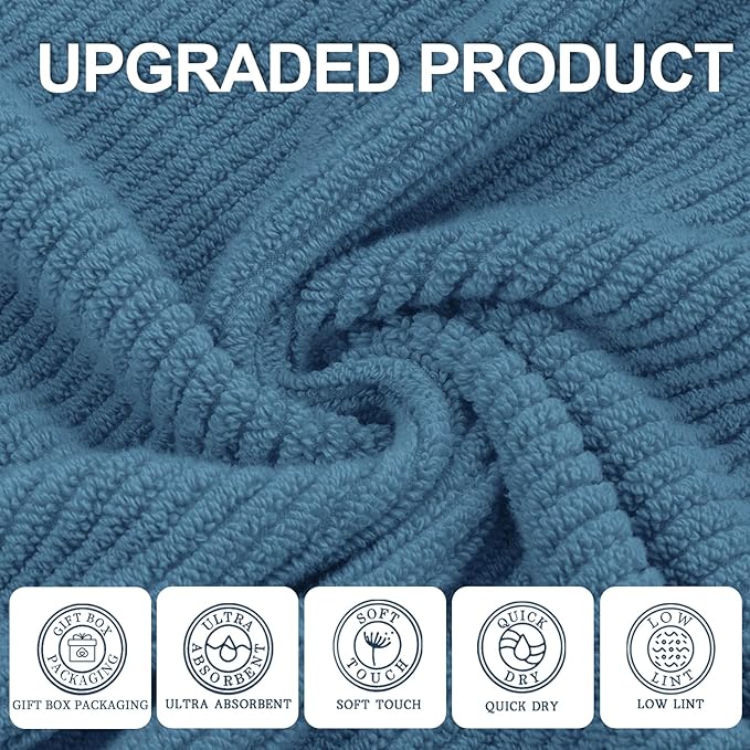VOOVA & MOVAS Blue Towels Bathroom Sets, 100% Cotton | Lightweight | Soft | Quick Dry | Thick, Towel Set of 6, 2 Large Bath 30"x56", 2 Hand 18"x28", 2 Wash Cloths 13"x13", Denim Blue Towel Gift