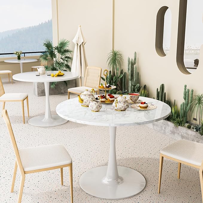 DKLGG White Marble Round Dining Table, 31.5" Tulip Kitchen Dining Table 2-4 People with MDF Top & Pedestal Base, Mid-Century End Table Leisure Coffee Office Living Room Table