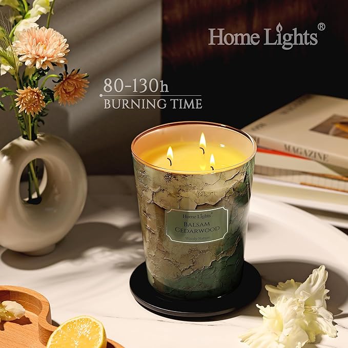 HomeLights Balsam Cedarwood Scented Candles | 34oz Soy Candles Industrial Chic 3-Wick Large Candle Jars | Ideal Candle Gifts for Events, Home Decor Stress, Relief & Relaxation