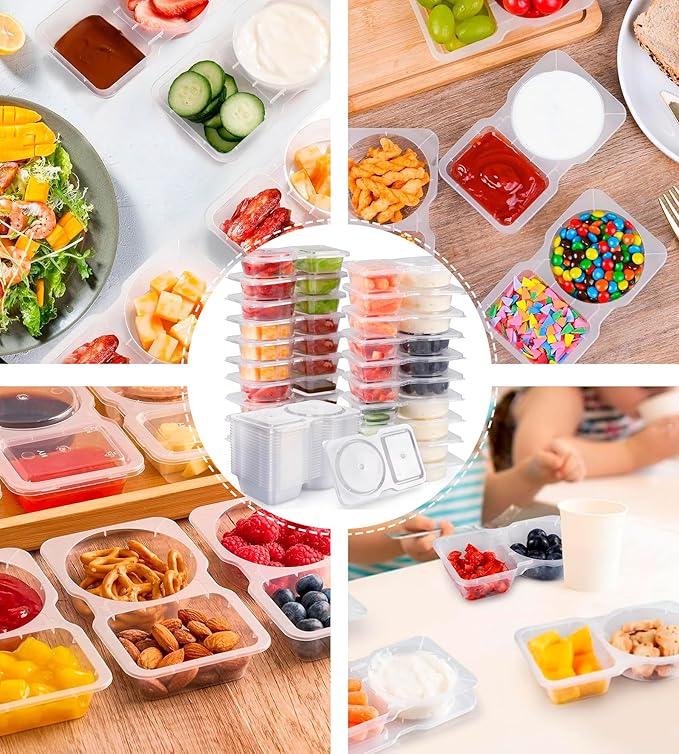 Blueash 50 Sets Reusable Snack Containers, Double Compartment Dipping Containers with Lid for Sauces,Fruits,Vegetabble,Travel Picnic
