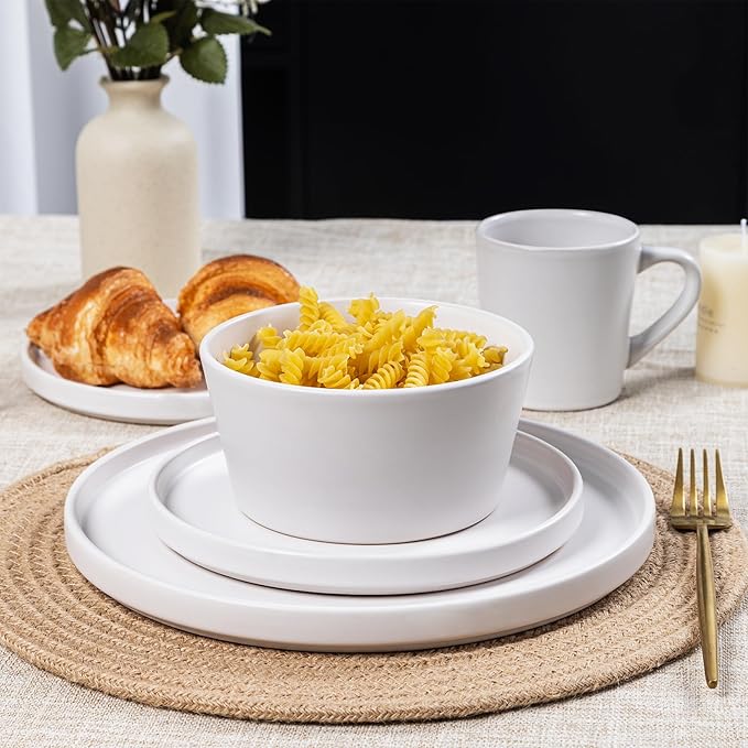 Dinnerware Sets for 4 - CJDC-QUELO 12-Piece Stoneware Plates and Bowls Sets, Ceramic Dishware Sets for Kitchen Use and Formal Dining, Chip and Scratch Resistant Microwave Dishwasher Safe, White