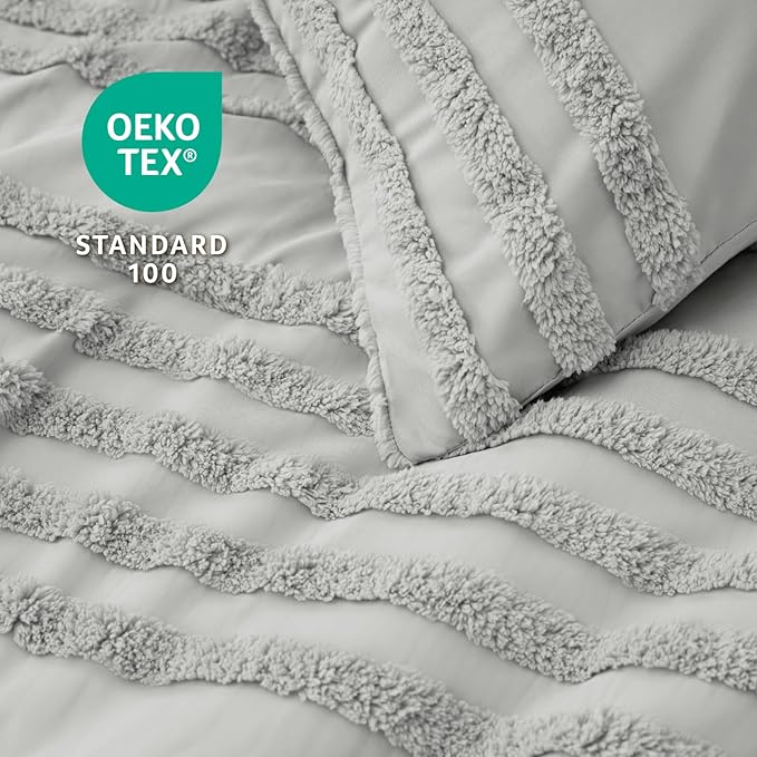 BEDELITE Boho Comforter Set Queen Size, Light Grey Tufted Striped Bed Set 3 Pieces, Soft Vintage Farmhouse Comforter for All Seasons, Boho Home Decor,Fluffy Jacquard Bedding with 2 Pillow Shams