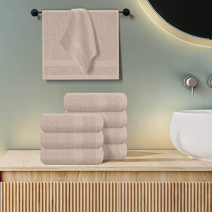 BOUTIQUO Ultra Soft Cotton Washcloths, Contains 12 Piece Face Cloths 12x12 inch, Ideal for Everyday use Face Towels, Compact & Lightweight Multi Purpose Washcloths - Tan