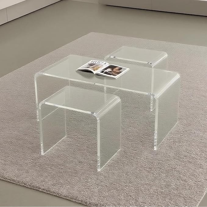 Acrylic Coffee Table and Stool Set of 2. with 34" Modern Minimalist Rectangular Table + 15" Multi-Use Clear Stool, Rest Stool, Shower Seat w/Rounded Edges (Stool:15.7"x10.6"x14.1")