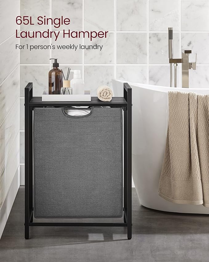 VASAGLE Laundry Hamper, Laundry Basket, Laundry Sorter with A Pull-Out and Removable Bag, Shelf, Metal Frame, 17.2 Gallons (65 L), 19.7 x 13 x 28.4 Inches, Gray and Black UBLH101G01