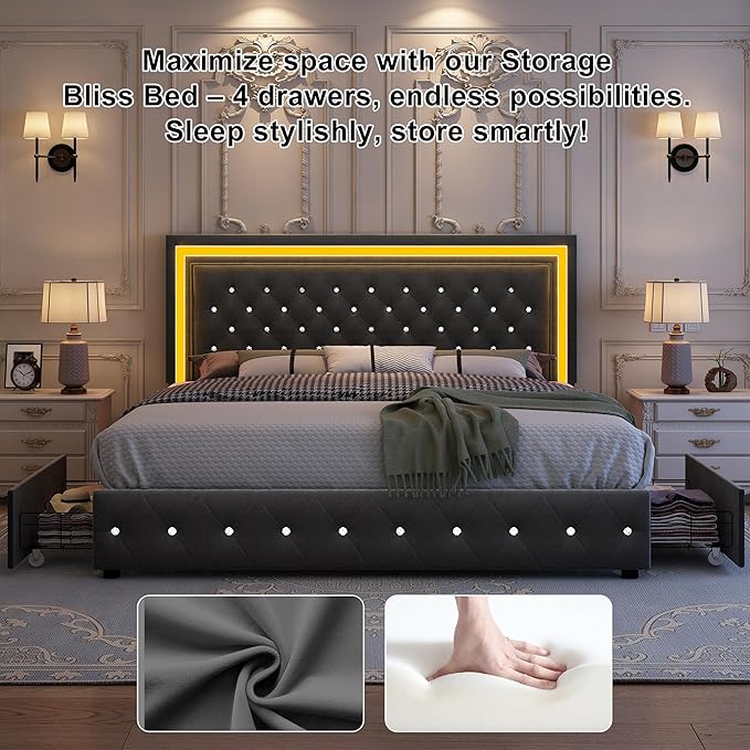 Queen Bed Frame with LED Lights, Storage Drawers, No Box Spring Needed, 900 lbs Capacity, Easy Assembly, Velvet Grey