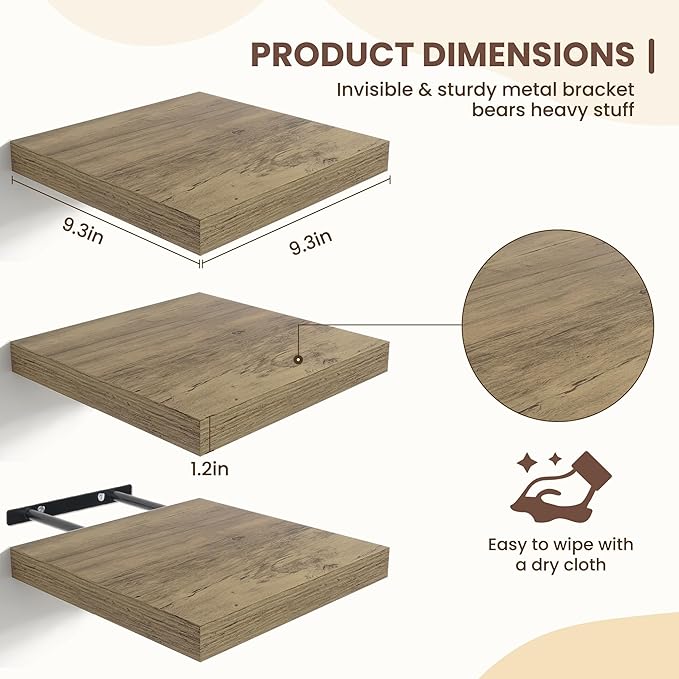 Fun Memories Floating Shelves for Wall - 9 Inch Square Shelves with Invisible Brackets, Small Wall Shelf for Living Room, Bathroom, Bedroom, and Kitchen Decor，Set of 3