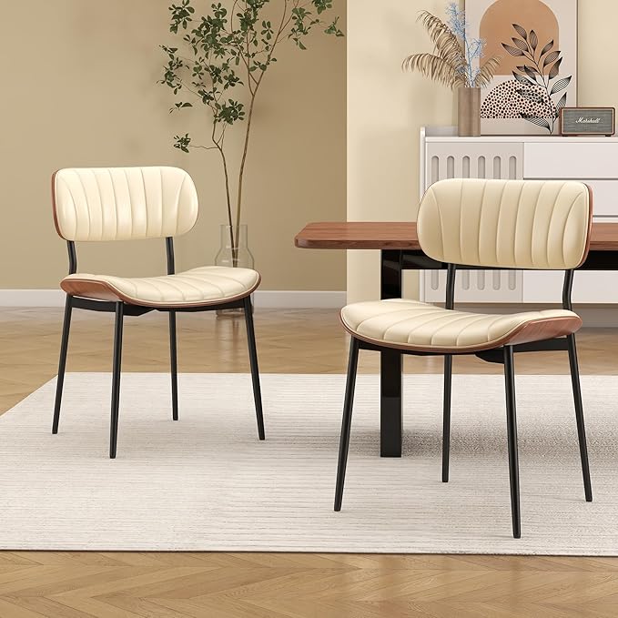 Mid Century Modern Dining Chairs Set of 6,Upholstered Faux Leather Kitchen Chairs with Walnut Bentwood Back and Metal Legs for Kitchen Dining Room Living Room, Beige