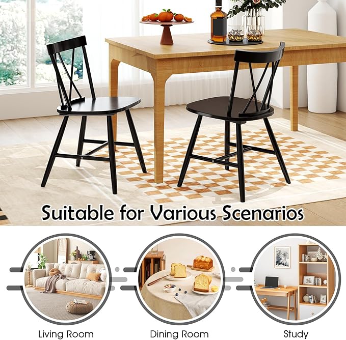 Giantex Windsor Dining Chairs Set of 2, Farmhouse Wooden Kitchen Chairs w/Cross Back, Wide Seat, Rubber Wood Frame, Armless Side Chairs for Kitchen, Dining Room, Living Room, Restaurant, Black