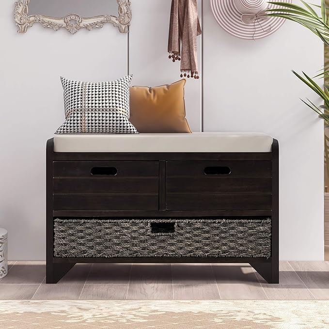Fully Assembled Storage Bench with Cushioned Seat, 2 Drawers & Removable Basket, Solid Wood Entryway Shoe Bench for Bedroom, Hallway, Living Room (Espresso)