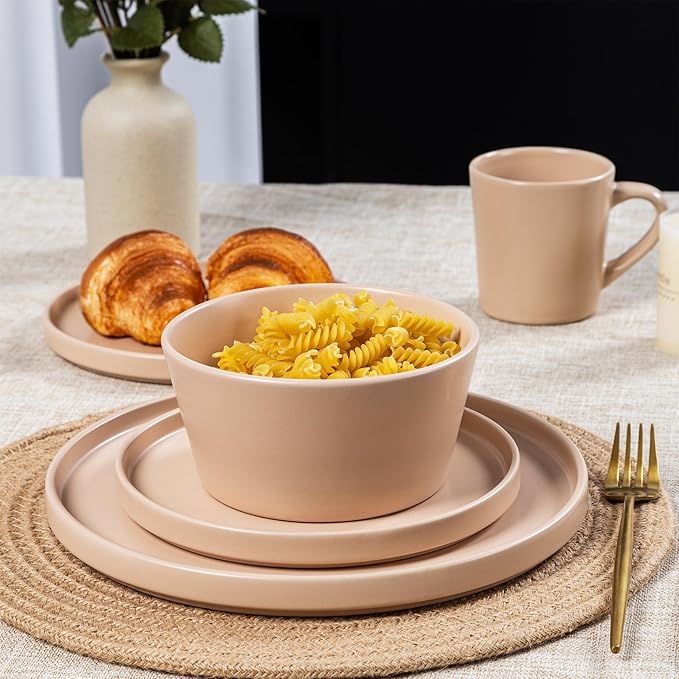 Dinnerware Sets for 4 - CJDC-QUELO 12-Piece Stoneware Plates and Bowls Sets, Ceramic Dishware Sets for Kitchen Use and Formal Dining, Chip and Scratch Resistant Microwave Dishwasher Safe, Brown