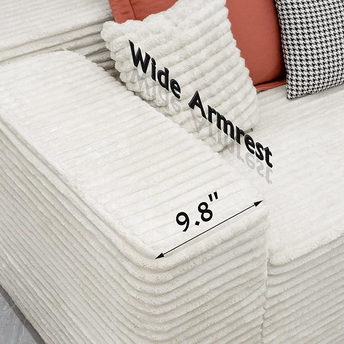 3-Piece Boneless Modular Sectional Sofa, Cloud Couch, Left Facing Chaise with Ottoman, Oversized Deep Seat, Soft Corduroy Fabric, Sectional Couch for Living Room-White