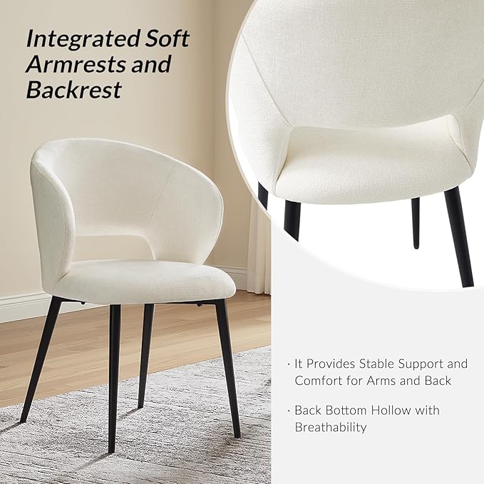 Contemporary Dining Chairs with Armrests – Ergonomic Soft-Padded Seat, Curved Backrest, Matte Black Metal Legs, Comfortable Kitchen & Dining Room Chairs, Set of 6