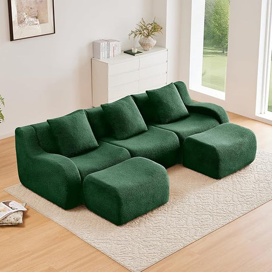 Green U-Shaped Cloud Couch with 2 Ottomans, Modern Teddy Fabric Boneless Sectional Sofa in a Box for Living Room, Modular Floor Couch, Deep Seat, No Assembly Required, Sofas para Sala