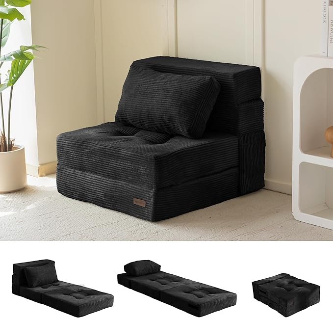MAXYOYO Convertible Sofa Bed, Fold Out Single Sleeper Sofa with Pillow, 4 in 1 Tufted Folding Couch Bed Foam Floor Couch, Lazy Chair for Living Room Bedroom Guest Room, Black