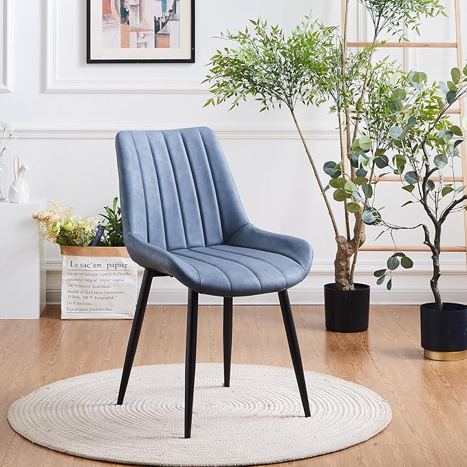 Dining Chairs Set of 2, Faux Leather Modern Linear Design Dining Chair with Metal Legs, 16.9" Seat Width Chair for Kitchen, Lounge, Reception Room, Restaurant, Commercial (Haze Blue)