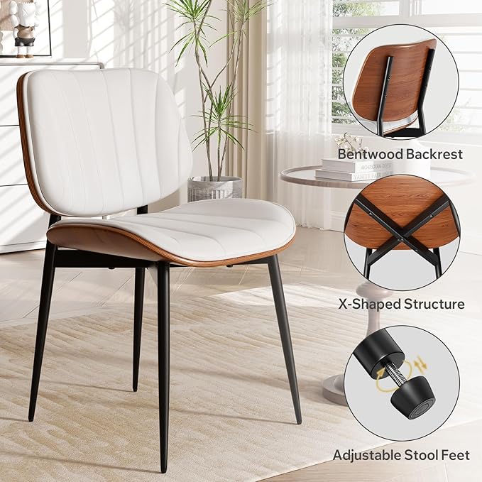 Dining Chairs Set of 6, Mid Century Modern Dining Room Chair, Upholstered Faux Leather Kitchen Chairs with Walnut Bentwood Back and Metal Legs for Kitchen Dining Room Living Room, White