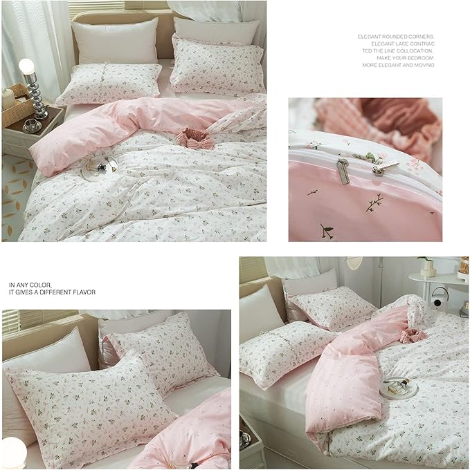 Girl Floral Duvet Cover Twin Pink White Flower Print Bedding Sets Garden Style Flower Comforter Cover Cotton Aesthetic Bedding Cover Chic Floral Bedroom Collection 1 Duvet Cover with 2 Pillowcases