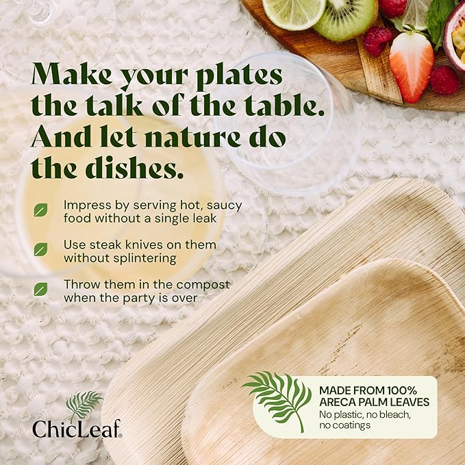 Chic Leaf Palm Leaf Plates - 9" Round - 50 Pack of 100% Compostable, Biodegradable & Disposable Bamboo Plates – Heavy Duty, Sturdy Paper Alternative for Christmas Meal, Wedding Desserts & Events