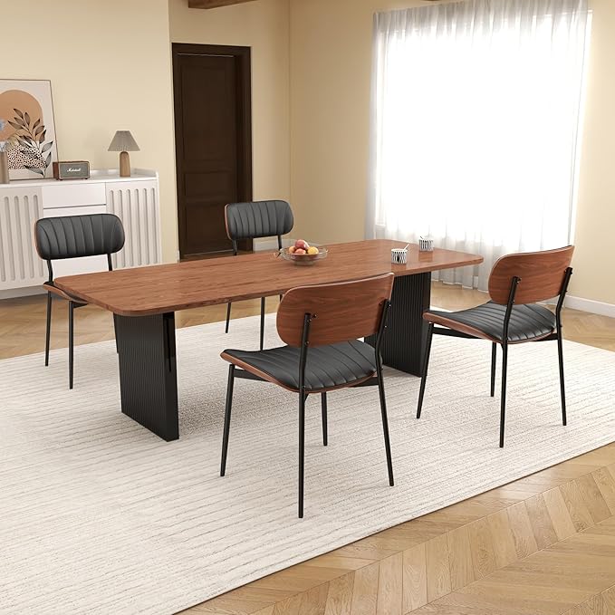 Mid Century Modern Dining Chairs Set of 6,Upholstered Faux Leather Kitchen Chairs with Walnut Bentwood Back and Metal Legs for Kitchen Dining Room Living Room, Black