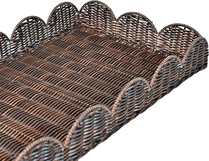 happimess TRY2001B-3SET Parker Southwestern Cottage Resin Scalloped Rectangular Decorative Serving Trays, Dark Brown (Set of 3) for Storage and Decoration in Bathroom, Bedroom, Living Room
