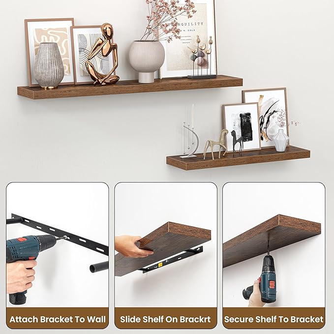 Heimlove 24 Inch Floating Shelves for Wall,Mounted Storage Wood Shelves with Invisible Brackets Hanging Shelf for Bedroom,Living Room,Kitchen,Office,Set of 2,Rustic Brown