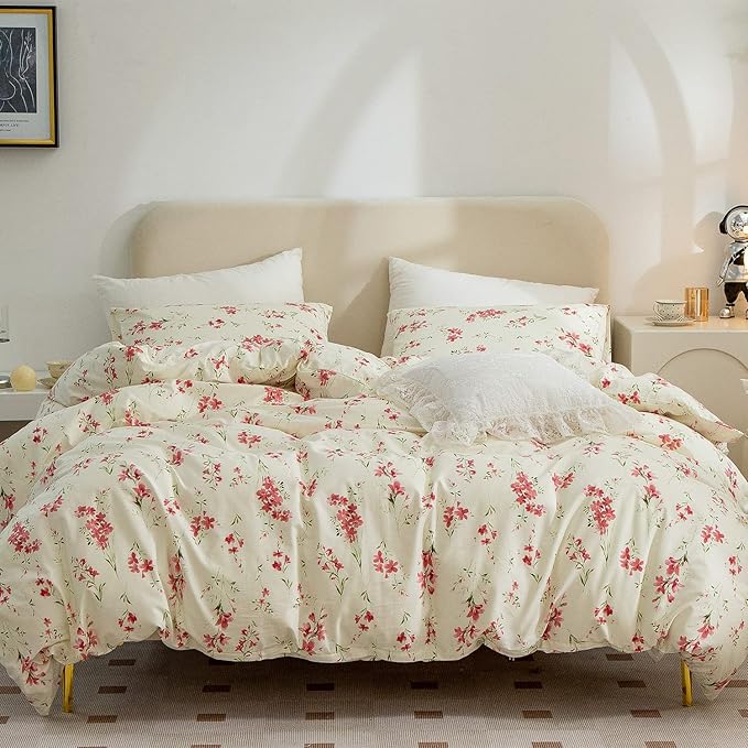 Comforter Set King Floral Soft Bedding Comforter 3 Pieces Lightweight Garden Style Red Flower Print Botanical Flowers Comforter Set 1 Comforter and 2 Pillowcases (Floral, King)
