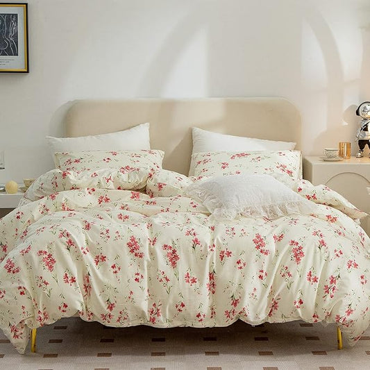 Comforter Set King Floral Soft Bedding Comforter 3 Pieces Lightweight Garden Style Red Flower Print Botanical Flowers Comforter Set 1 Comforter and 2 Pillowcases (Floral, King)