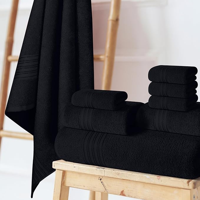 BOUTIQUO 100% Cotton Towel Set, Contains 4 Soft Bath Towel, 6 Hand Towels, 8 Wash Cloths - Compact Absorbent Lightweight & Quickdry Towels for Bathroom - 18 Piece Bathroom Towel Set - Black
