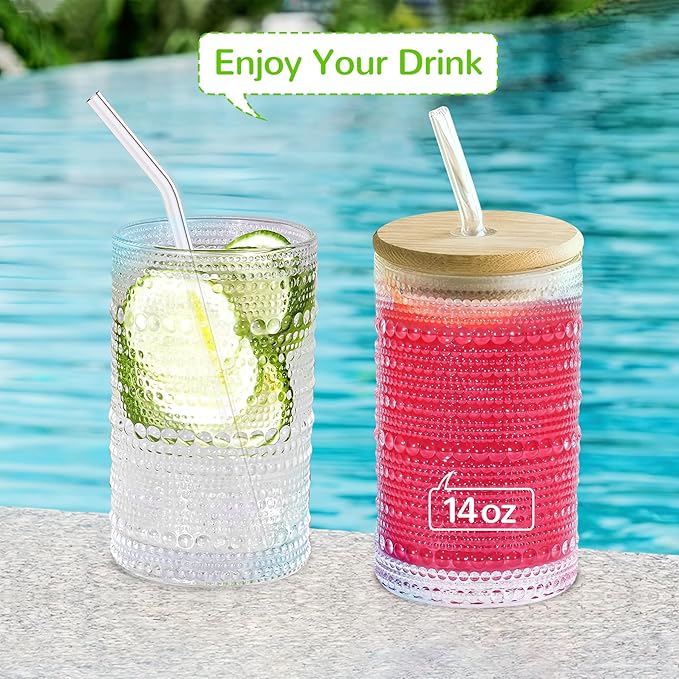 Hobnail Drinking Glasses with Bamboo Lids and Glass Straw 4Pcs Set - 14oz Vintage Glass Cups, Water Glasses, Iced Coffee Glasses, Cute Tumbler Cup, Ideal for Cocktail, Whiskey, Gift - Cleaning Brushes