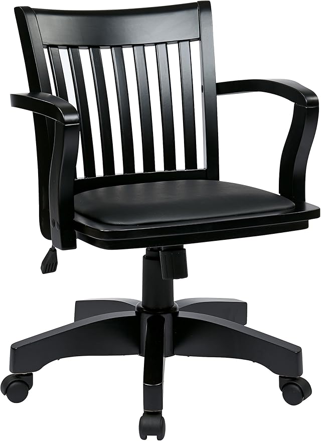 OSP Home Furnishings Deluxe Wood Banker's Desk Chair with Padded Seat, Adjustable Height and Locking Tilt, Black Finish and Black Vinyl