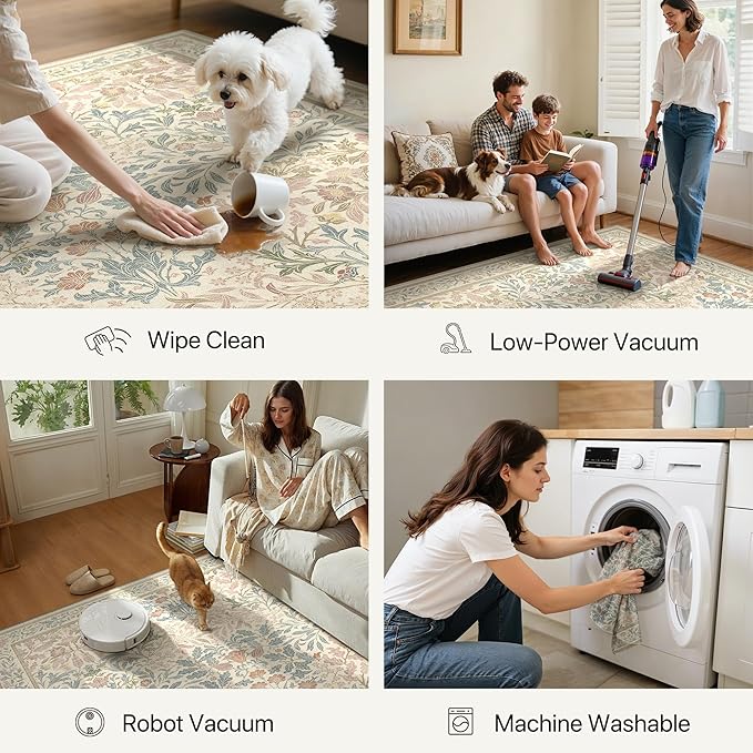 GENIMO Floral Washable Runner Rug 2’6”x10’, Non-Slip Long Hallway Carpet for Entryway, Kitchen, Indoor Floor Use, Vintage Boho Soft Thin Rug Décor, Beige Pink