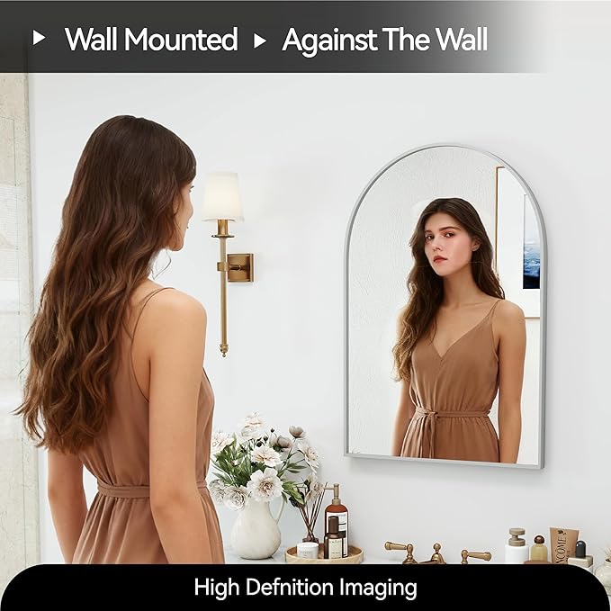 30x20 Arch Mirror Rectangle Wall Mounted Hanging or Against Wall Aluminum Alloy Metal Frame Dressing Make-up Mirrors for Entryway Bedroom Bathroom Living Room 30 20 inch Silver