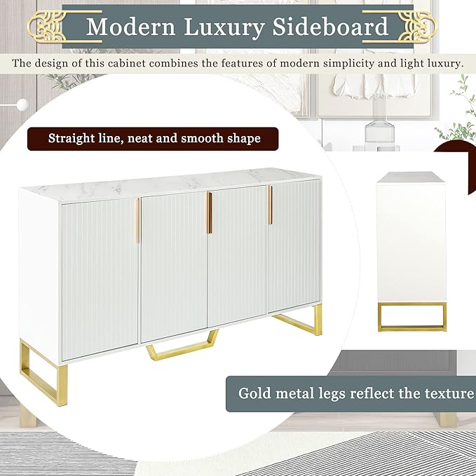 Modern Elegant Sideboard Buffet Large Storage Cabinet with Gold Metal Legs&Handles and Adjustable Shelf, 60'' Classic Console Table Sofa Table Entryway Table for Living Room Kitchen (White-60'')