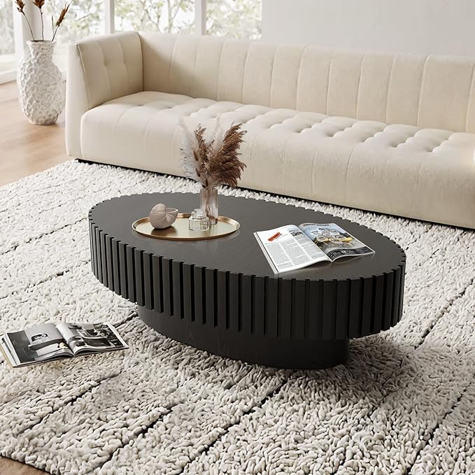 Oval Coffee Table, Handcrafted Fluted Drum Coffee Tables Modern Wood Coffee Table Drum Center Table for Living Room, Apartment (Oval Black)