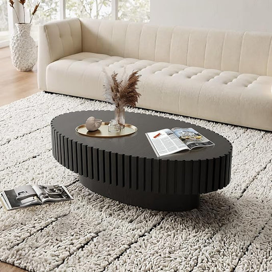 Oval Coffee Table, Handcrafted Fluted Drum Coffee Tables Modern Wood Coffee Table Drum Center Table for Living Room, Apartment (Oval Black)