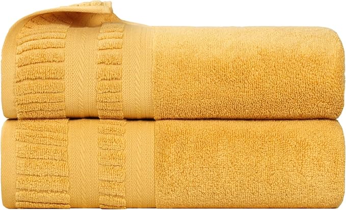 Superior Venice Zero Twist Cotton Medium Weight Towels, for Guest Bath, Bathroom, Shower, Spa, Plush Towels, Bath Essentials, Ribbed Textured Border, Bath Towels, Set of 2, Gold