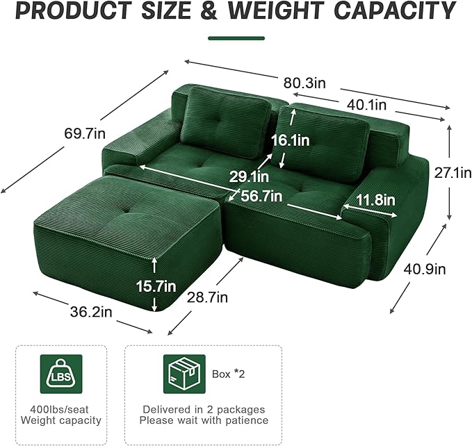 80" Modern Compressed Boneless Love Seat Couches with 1 Ottoman, 2 Seater Large Sectional Couches for Living Room, Green Corduroy Cloud Modular Sectional Sofa, Memory Foam, Deep Loveseat, No Assembly