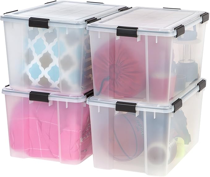 IRIS USA 74 Quart WeatherPro Plastic Storage Bin Tote Organizing Container with Durable Lid and Seal and Secure Latching Buckles, 4 Pack