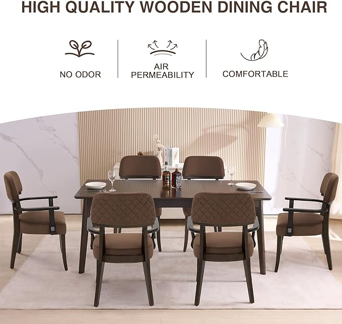Modern Wood Dining Chairs with Arms Set of 2, Velvet Upholstered Kitchen Chairs with Open Curved Backrest & Black Hardwood Legs, Accent Chairs 350 LBS Capacity, Brown